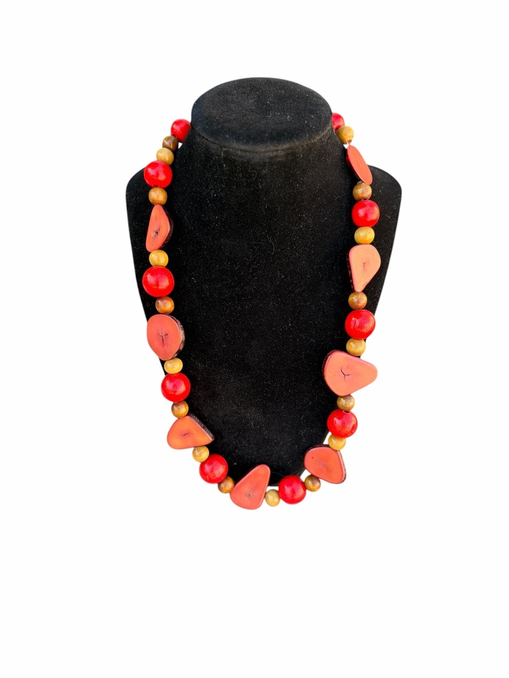 Vintage Red Orange Sliced Tagua Nut & Dyed Wood Strand Boho Necklace